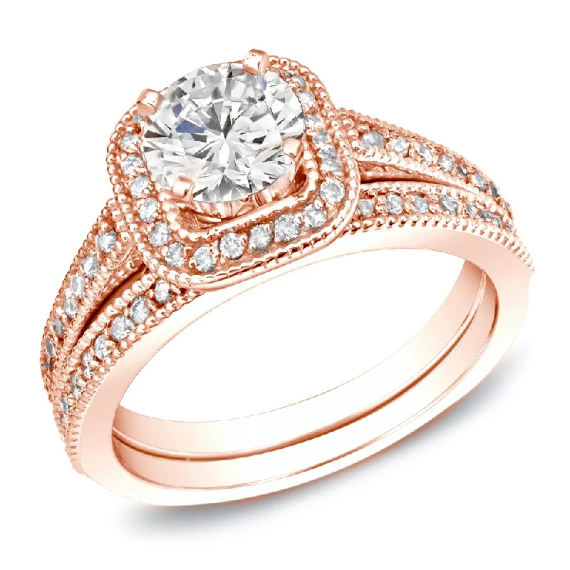 Auriya 14k Rose Gold 1 carat TW Vintage Halo Diamond Engagement Ring Set