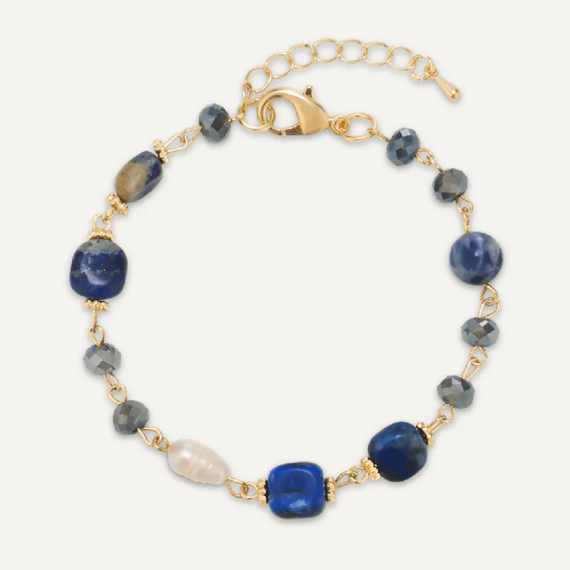 Blue Semi-Precious Stone & Freshwater Pearl Bracelet In Gold-Tone