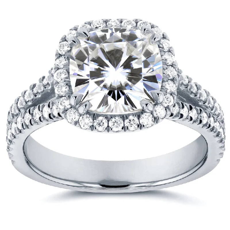 Annello by Kobelli 14k White Gold 2 1/2ct TGW Moissanite and Diamond Cushion Halo Split Shank Engagement Ring