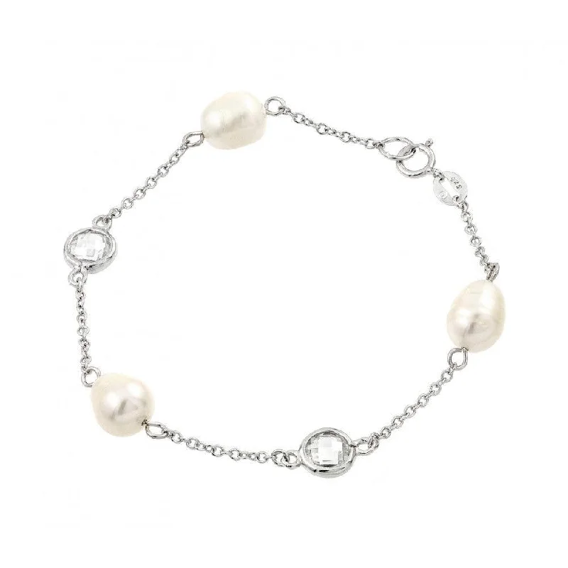 Silver 925 Rhodium Plated Multi Pearl Clear CZ Bracelet - BGB00217