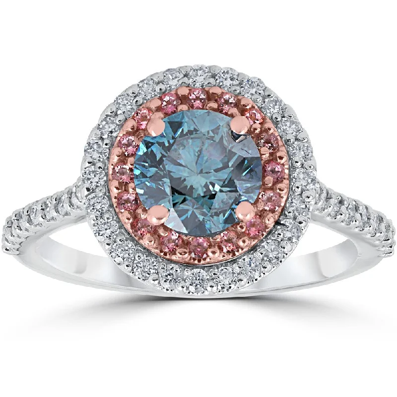 14k White & Rose Gold 1 5/8 ct TDW Blue & White Diamond Pink Topaz Double Halo Engagement Ring