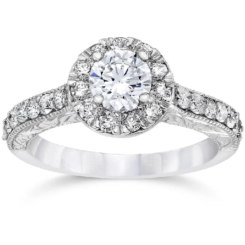 14k White Gold 3/4ct TDW Halo Round Diamond Vintage Engagement Ring