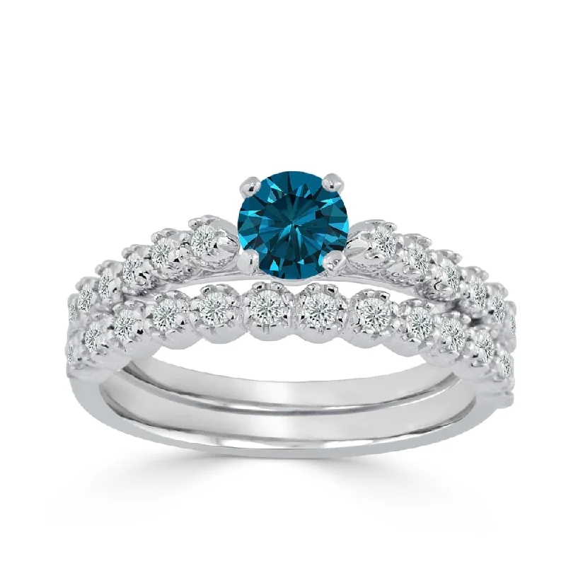 Auriya Round 3/4ctw Blue Diamond Engagement Ring Set 14k Gold