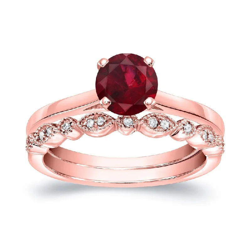 Auriya Vintage Stackable 3/5ct Red Ruby Solitaire and 1/6ctw Diamond Engagement Ring Set 14k Gold