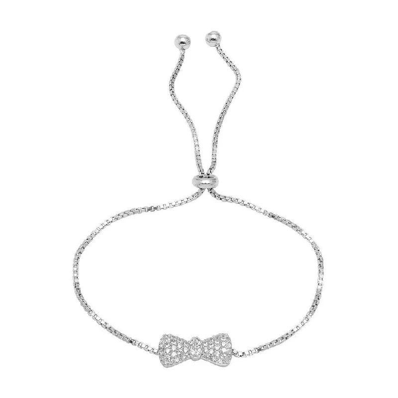 Rhodium Plated 925 Sterling Silver Bow Tie Lariat Bracelet with CZ - BGB00300