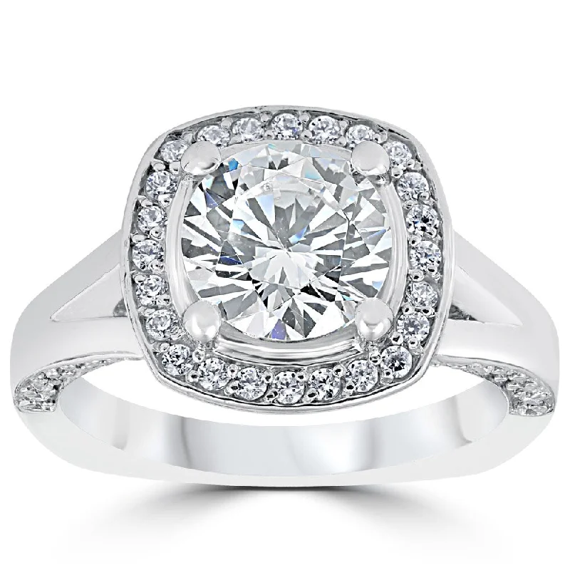 14k White Gold 3 1/2ct Round Diamond Cushion Halo Clarity Enhanced Split Shank Engagement Ring