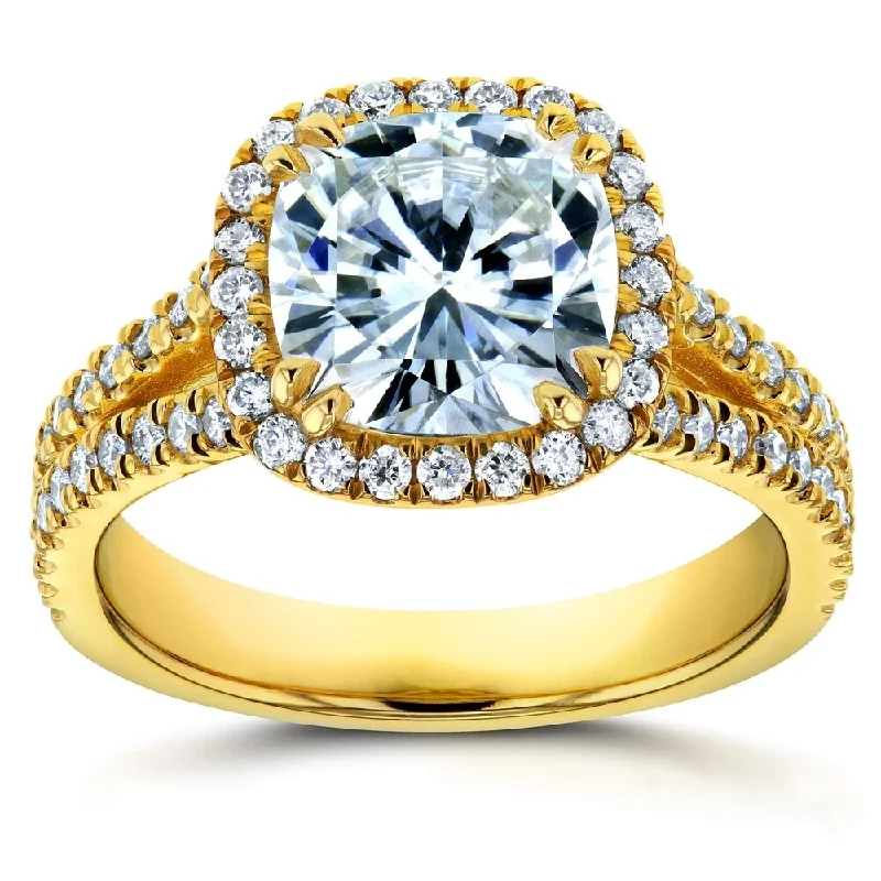 Annello by Kobelli 14k Yellow Gold 2 1/2ct TGW Moissanite and Diamond Cushion Halo Split Shank Engagement Ring