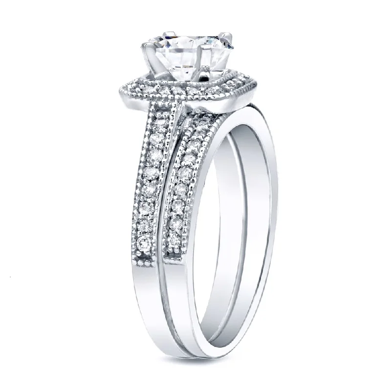 Auriya Vintage 1 carat TW Cushion-cut Halo Diamond Engagement Ring Set Platinum