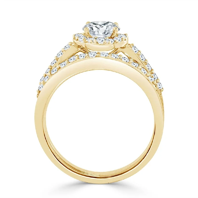 Auriya 14k Gold 1ct TDW Petite Round Diamond Halo Engagement Ring Set