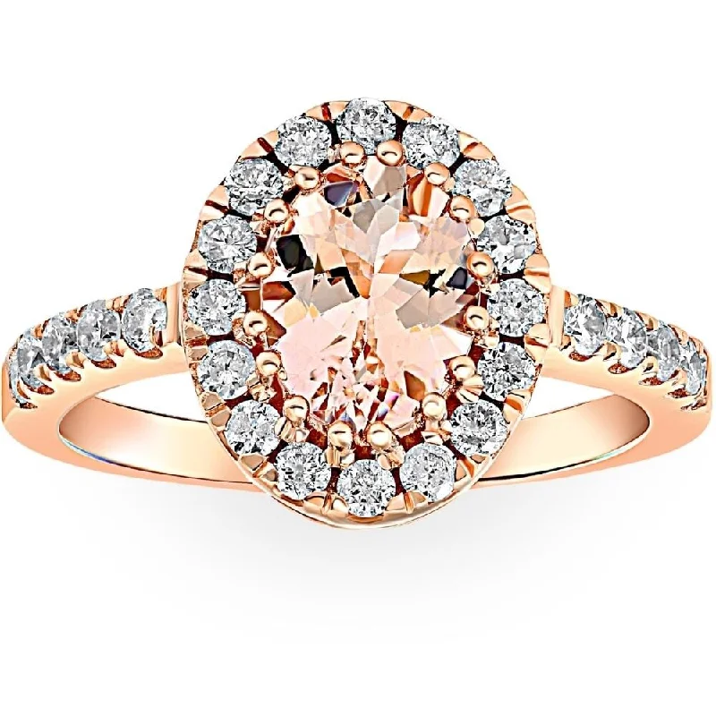 14k Rose Gold 2 Ct TDW Oval Morganite Halo Diamond Engagement Ring