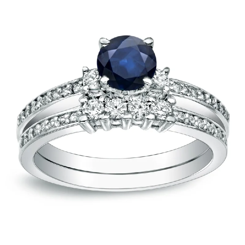 Auriya 14k Gold 1/2ct Round Blue Sapphire and 1/2ctw 3 Stone Diamond Engagement Ring Set