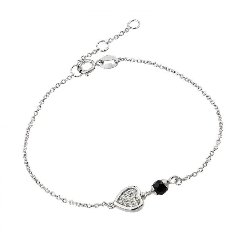 Silver 925 Rhodium Plated Heart Black Enamel Bracelet - BGB00225