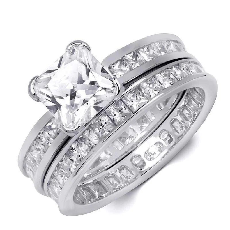 Womens CZ Wedding Band Engagement Ring Set 2.5 CT Princess Cut Silver