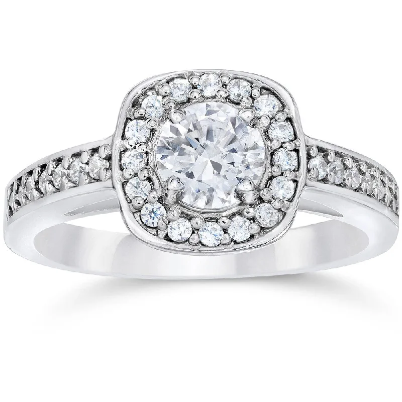 14k White Gold 1ct TDW Cushion Halo Diamond Engagement Ring