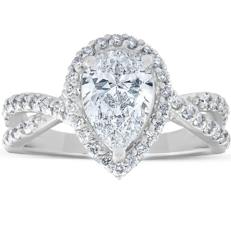 1.60Ct Pear Shape Halo Diamond Twist Engagement Ring 14k White Gold