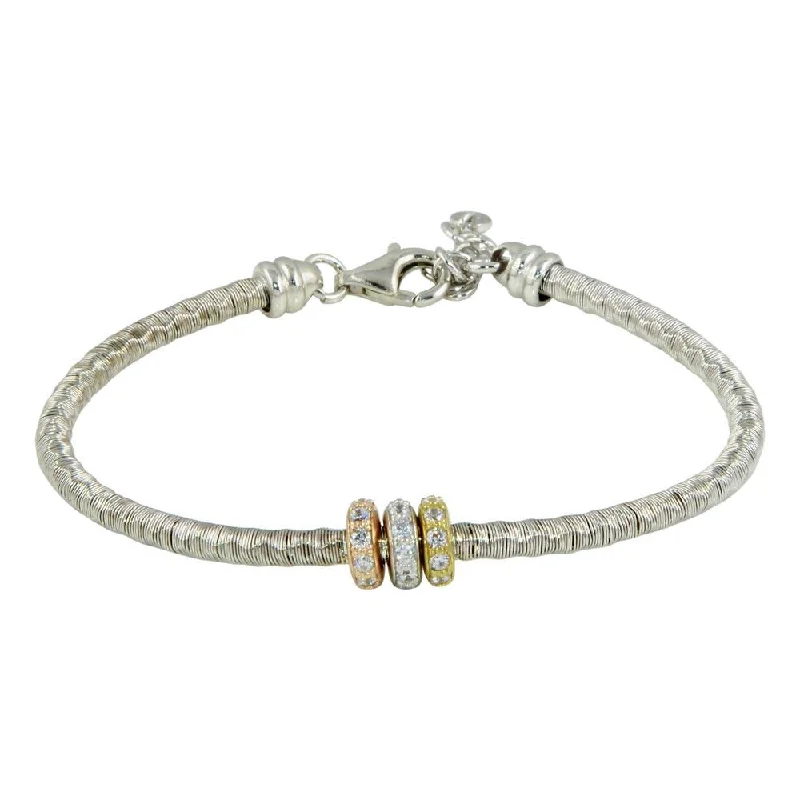 Rhodium Plated 925 Sterling Silver Three-Tone Bead Bracelet with CZ - ARB00040TRI